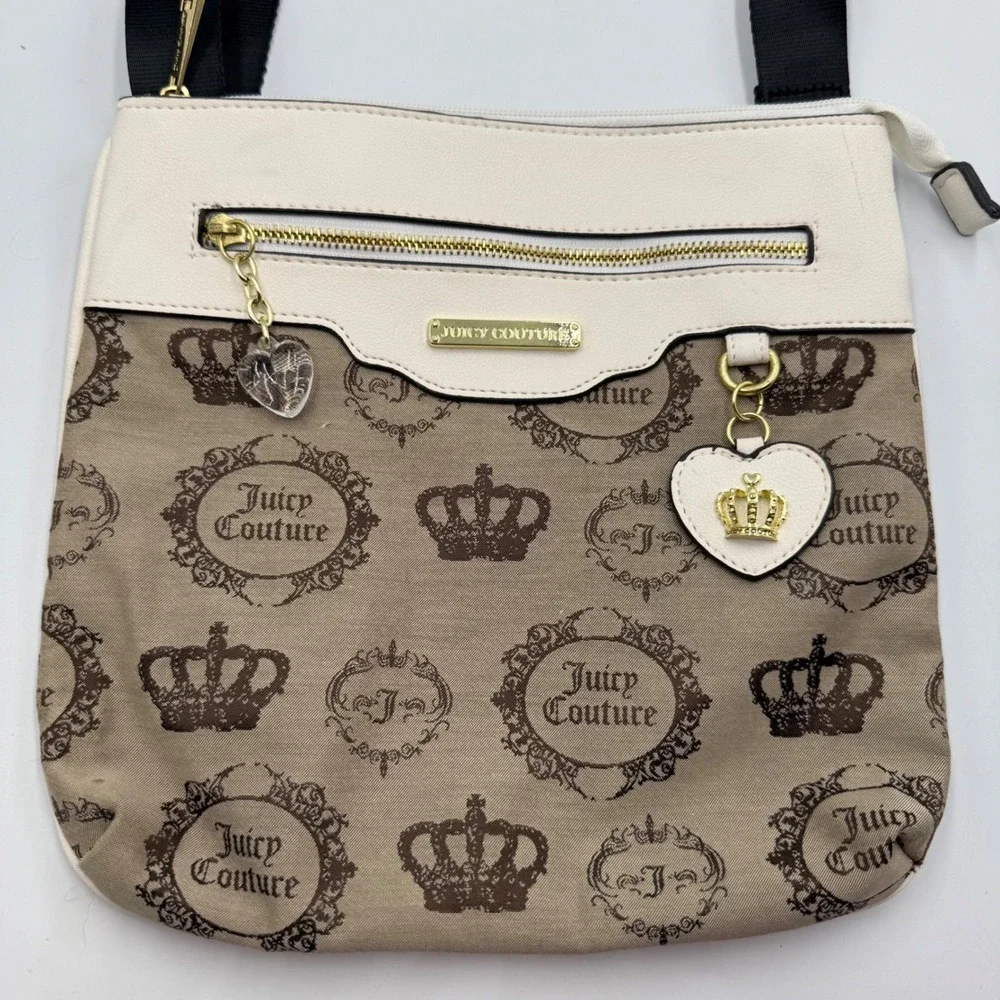 Juicy Couture Crossbody Bag OS Brown Cream Y2K Crown‎ Monogram Heart Charm
